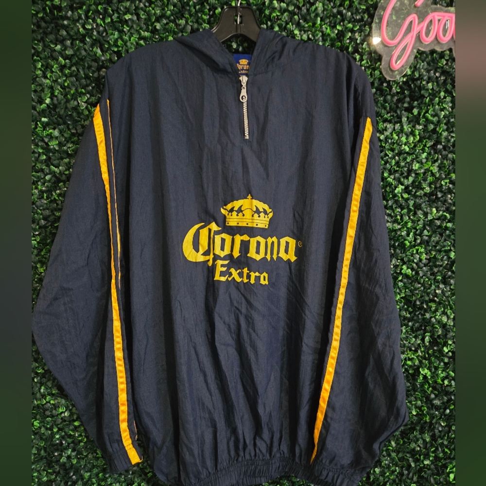 VTG Corona Extra Windbreaker Jacket Pullover Large XL Blue Beer Hoodie